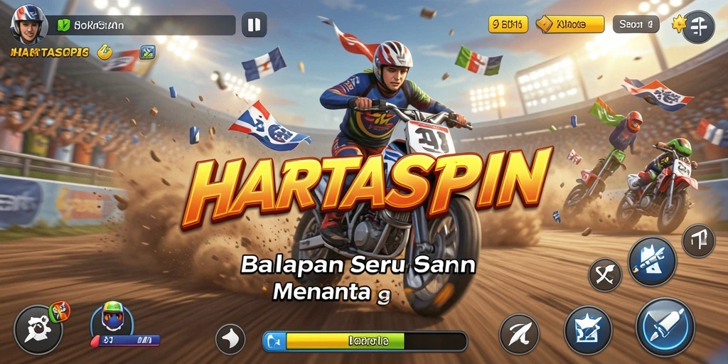 Screenshot gameplay HARTASPIN yang menunjukkan kecepatan dan aksi balapan.