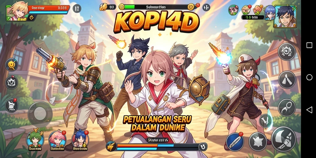 Tangkapan layar gameplay KOPI4D dengan karakter dan latar belakang anime yang penuh warna.