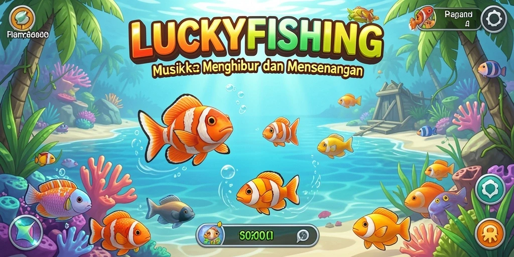 Screenshot gameplay LUCKYFISHING menampilkan tantangan musik yang seru.