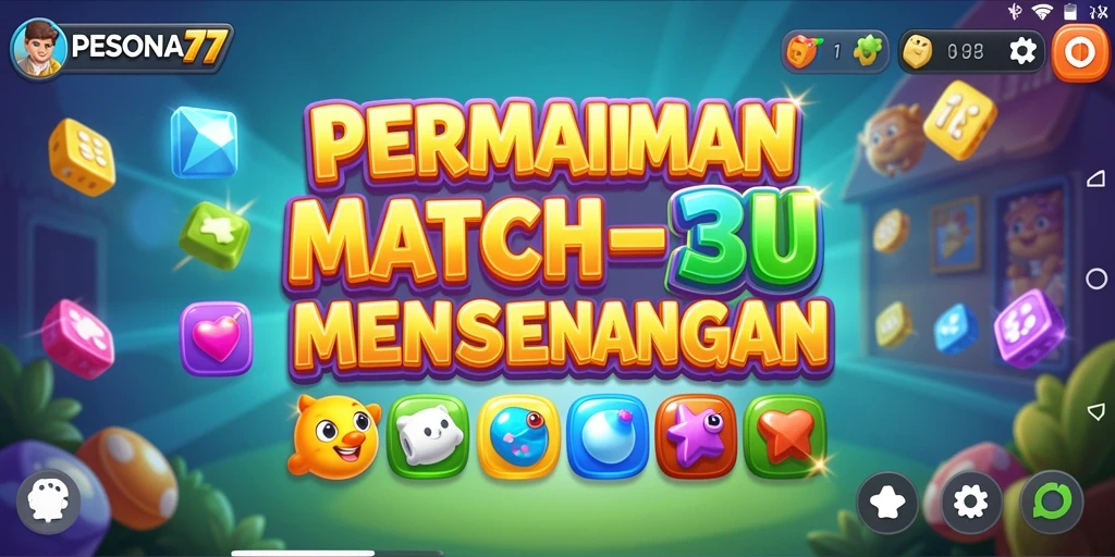 Screenshot utama PESONA77 menampilkan gameplay Match-3 yang seru.
