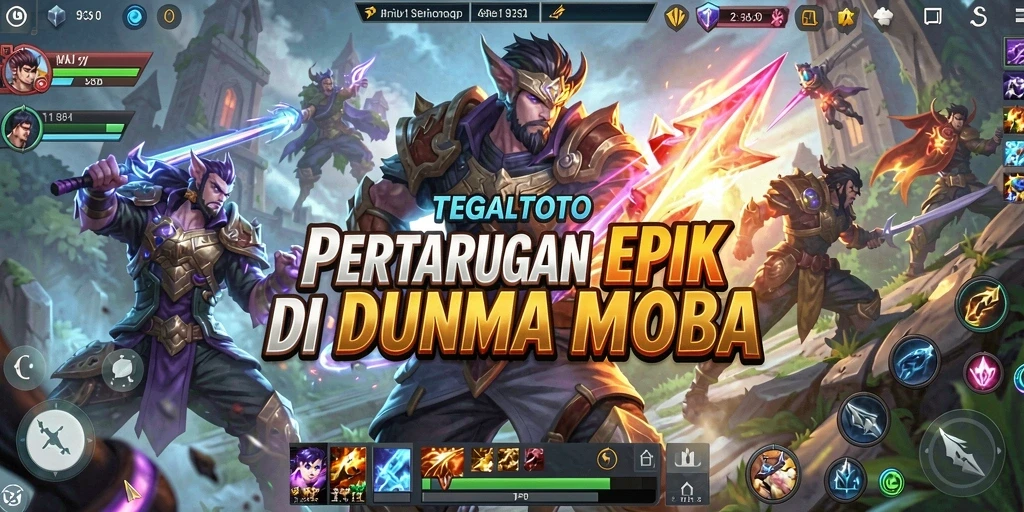 Screenshot utama TEGALTOTO menampilkan karakter bertarung dalam arena MOBA.